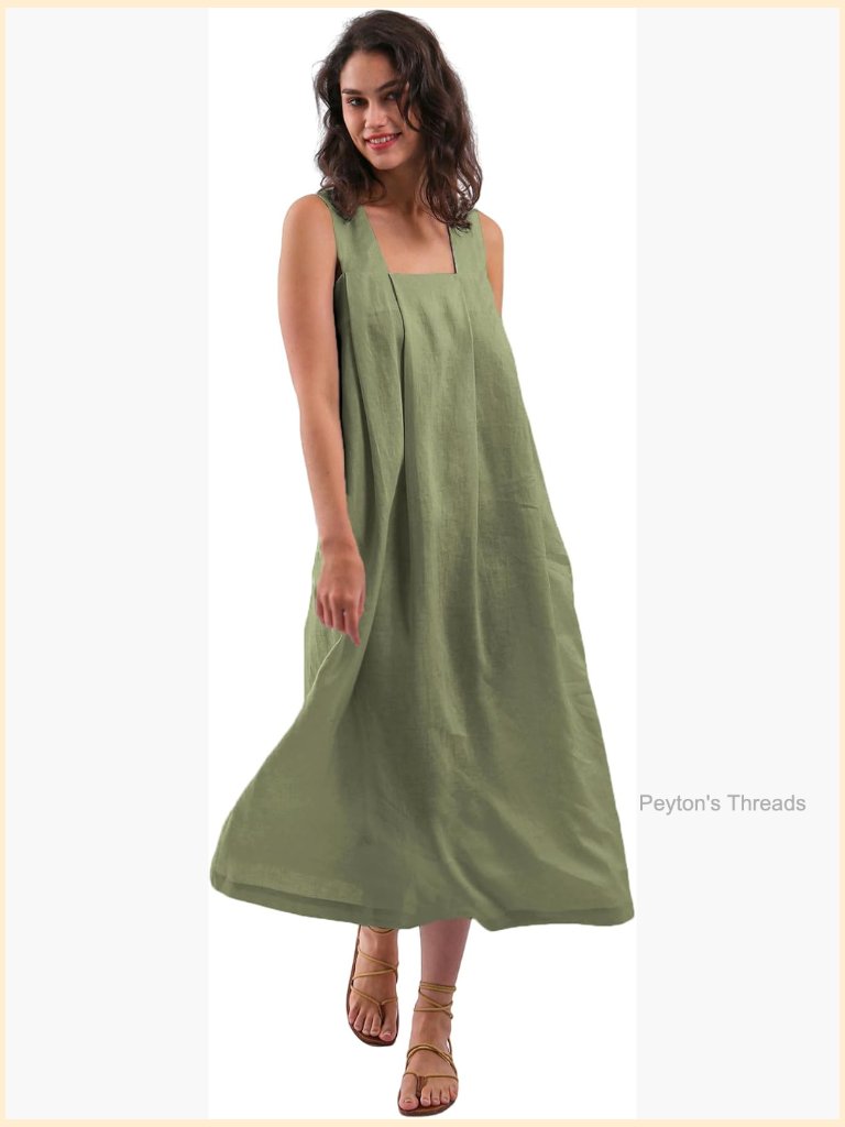 Women's Pure Linen Sleeveless Midi Dress With Pockets